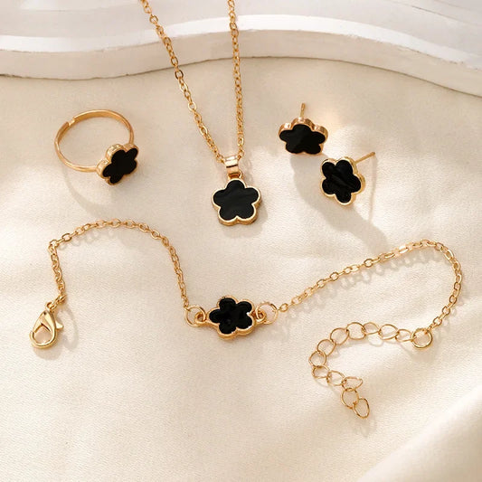 Women’s Jewelry Set –  Black Flower in Gold Finish
